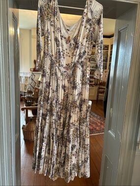 Free People Cream Floral Tiered Maxi Dress with Purple and Yellow Accents